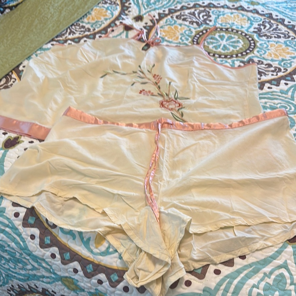 Cacique Cream and Pink Satin Pajama Set with Lace Trim